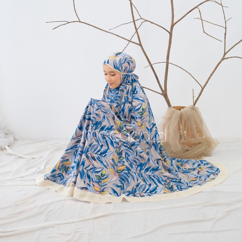 Mukena Dewasa Jumbo 2 in 1 Kayana Motif Bahan Rayon Premium Jatuh Adem Ponco Pouch Tas Sleting Cream - royal blue biru navy