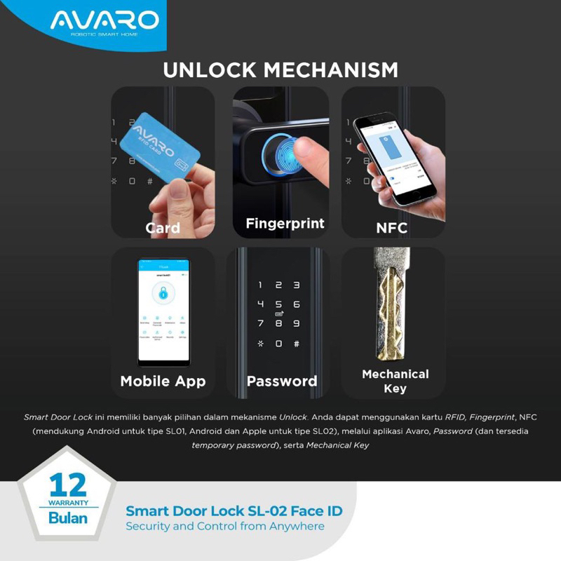 Avaro Smart Door Lock SL-02 Face Id kunci pintar Otomatis App Original