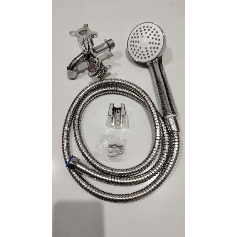 Promo Paket Hand Shower Kamar Mandi Set Keran Cabang Double - Handshower mandi set Kran Shower Cabang Ukuran 1/2 inch stainles