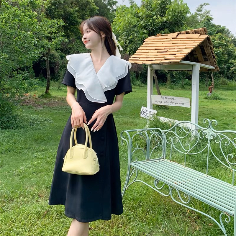 D2-199 Korean vintage dress lengan pendek / Gaun Midi manis bentuk A line