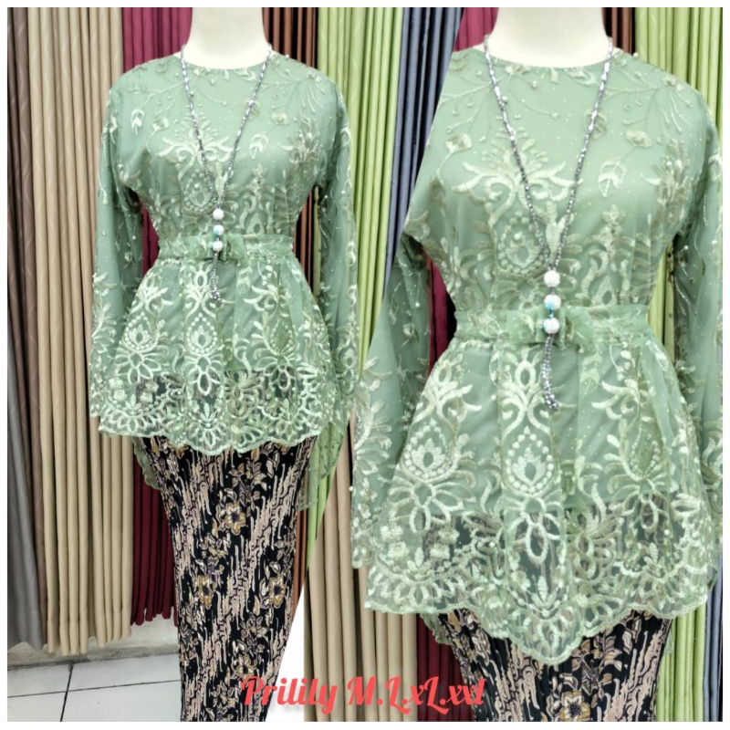 Realpict kebaya Aurora tulle Sage gren//kebaya wisuda//kebaya tunangan//kebaya pesta terbaru//brokat sage