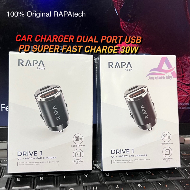 Original RAPAtech 30W CAR CHARGER DUAL PORT USB PD SUPER FAST CHARGING 30 WATT CHARGER MOBIL (DRIVE I MB-1010)