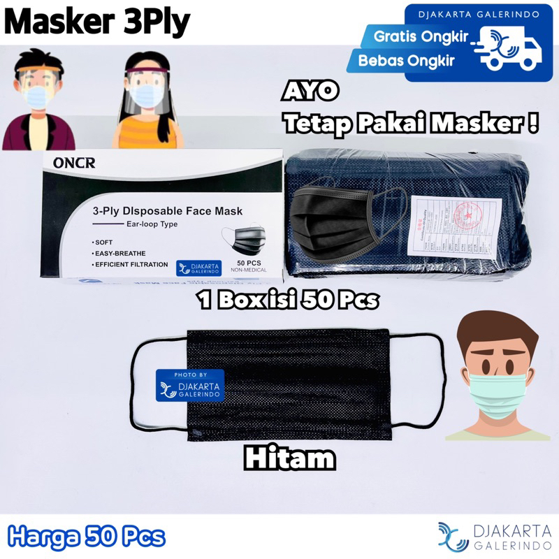 Masker Earloop Hitam Premium 3Ply Original isi 50Pcs