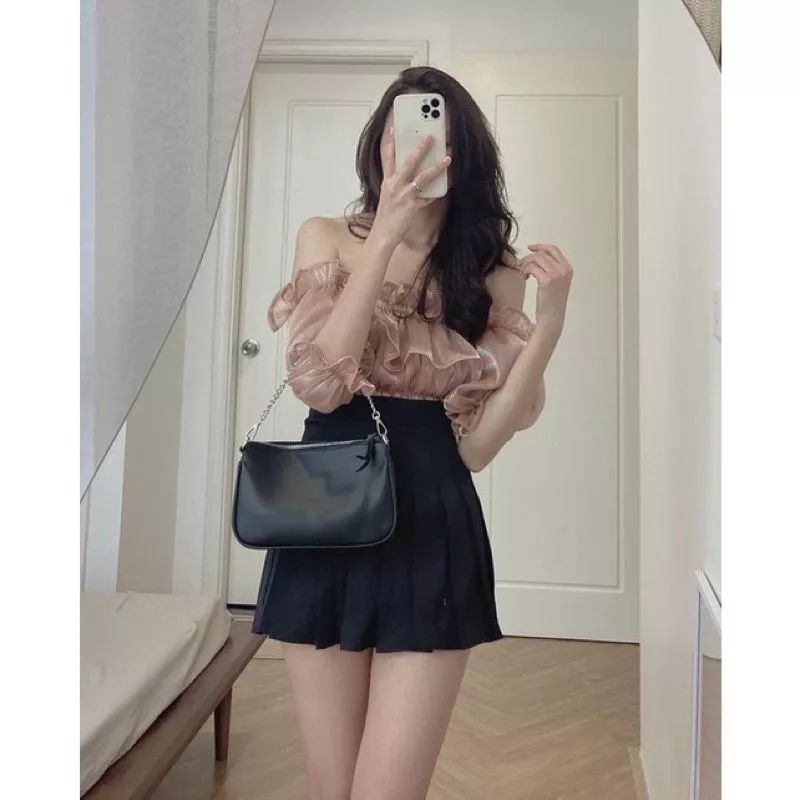 Loise puffy top sabrina ruffle atasan wanita pesta organza
