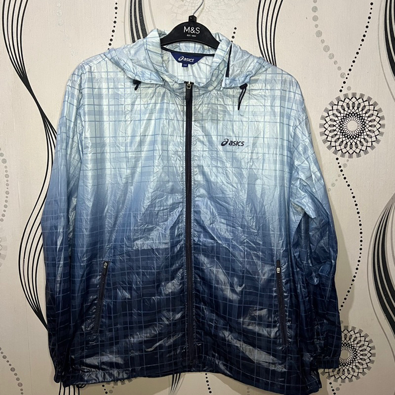 Thirft Jaket Running Merk Asics Warna Biru Navy Motif Kotak-Kotak | Preloved | Second Murah