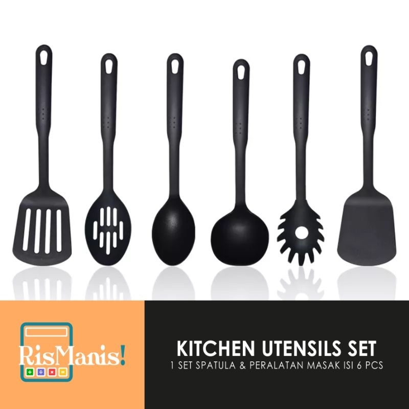 Kitchen Utensils Set - 1 Set Peralatan Masak isi 6 pcs Aneka Alat Dapur Sendok Sup Centong Sop Spatula Sutil Lubang Tirisan Pasta Spoon Tumis Wajan Enamel Lapisan Teflon Anti Baret Handle Tahan Panas Bebas Lengket Saringan Sodet Food Grade Tunner Skimmer