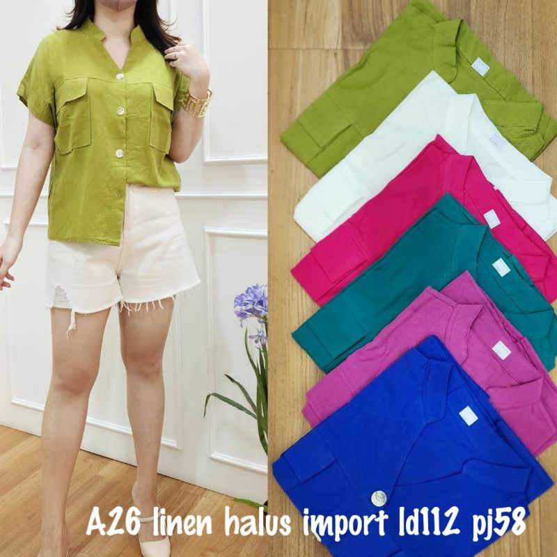 blus / blouse / atasan kancing linen import warna polos A26