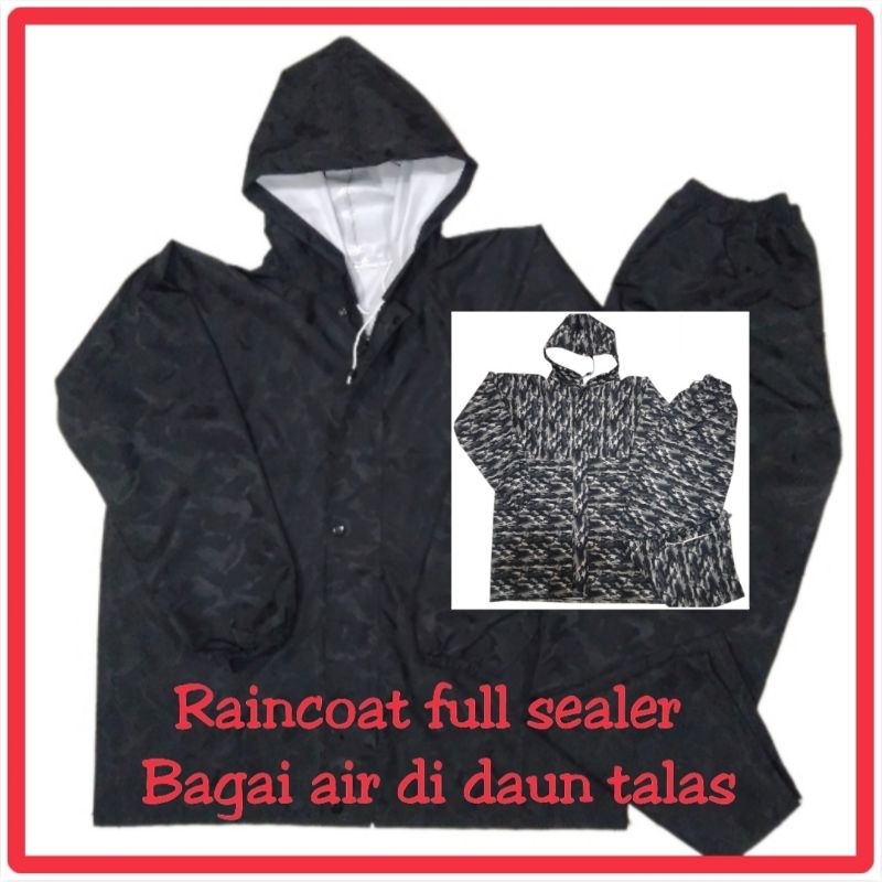 Jas Hujan Premium RAINCOAT FULL SEALER Seam-Seal Loreng Taslan Balon Bagai air di daun talas Stelan/Celana saja