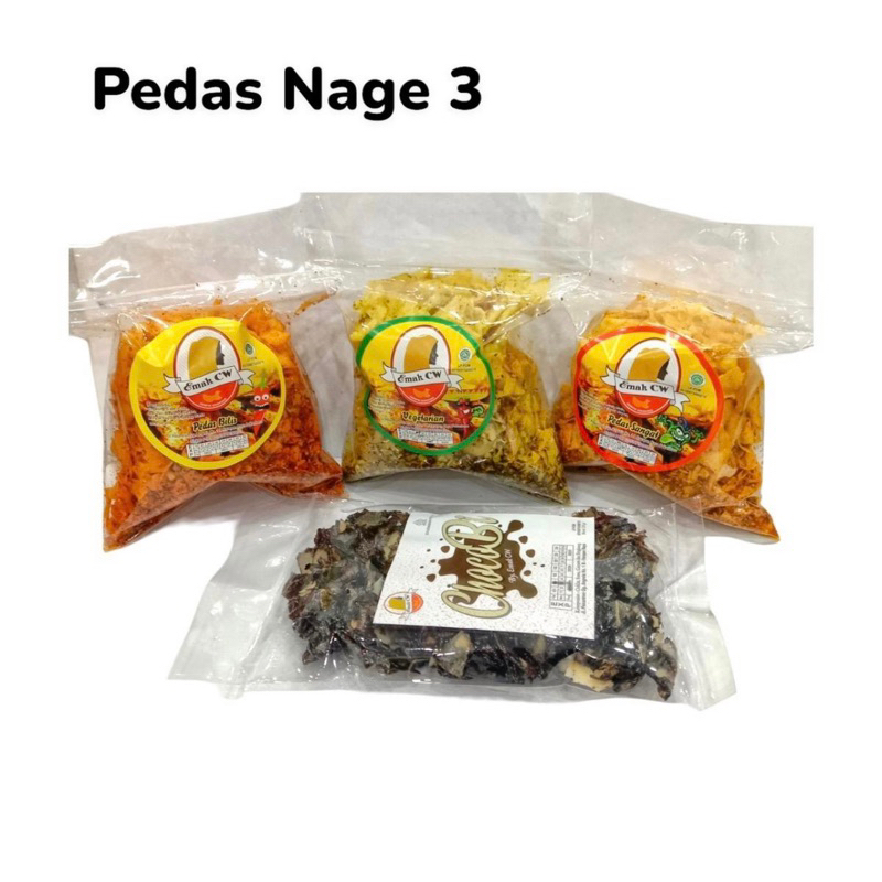 

4Pcs Paket Keripik Nage 3 (Pedas Bilis,Vegetarian Hijau,Pedas Sangat,ChocoBi)
