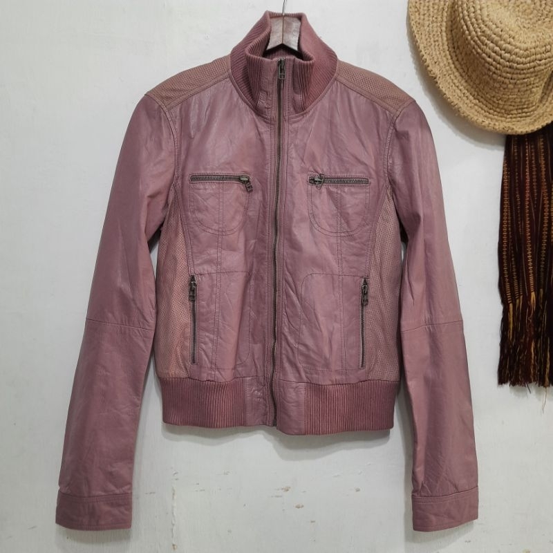 Jaket wanita kulit asli model bomber pink dusty
