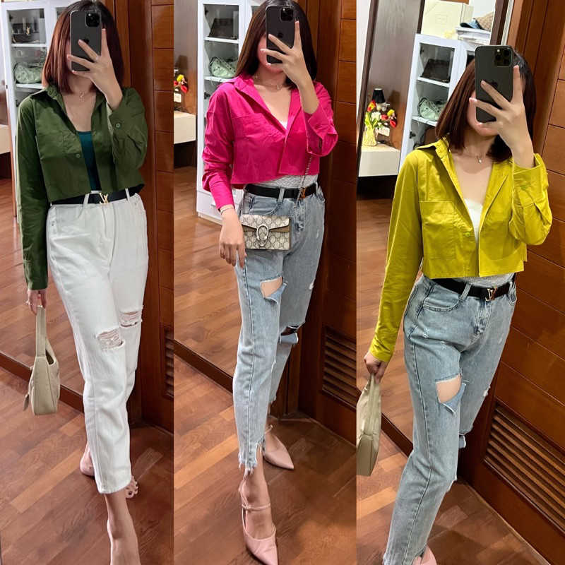 KEMEJA CROP WANITA BAJU ATASAN CROP TOP SHIRT POPLIN BLOUSE