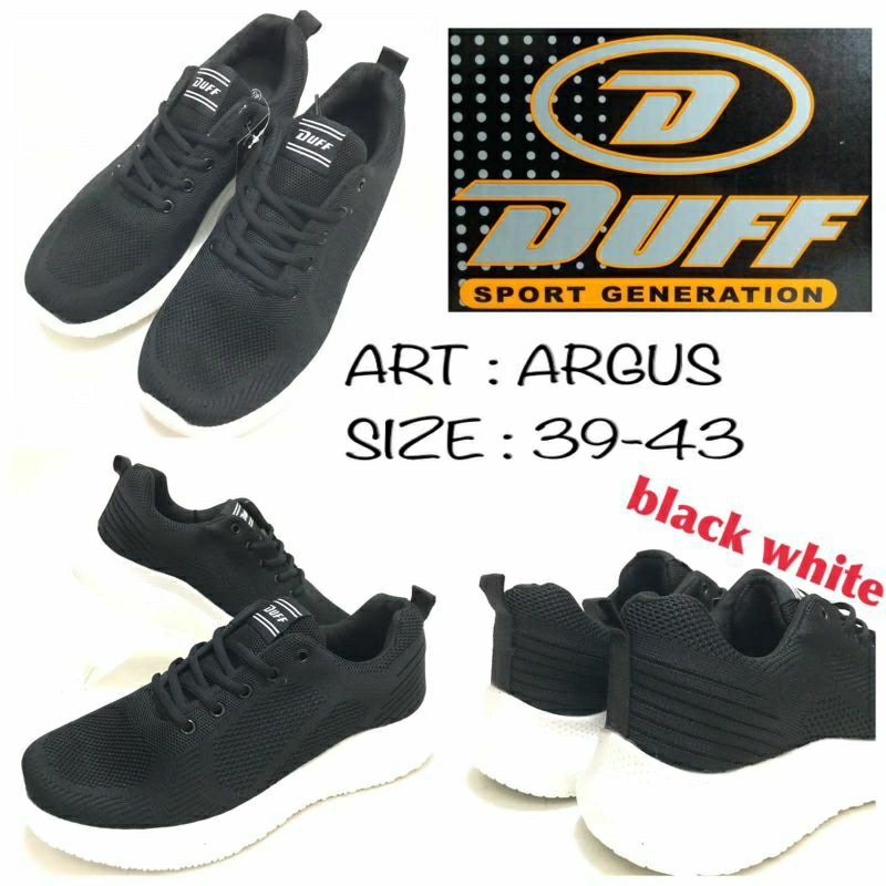 SEPATU KETS UNISEX BY DUFF ARGUS SIZE 39-43. WARNA HITAM PUTIH.