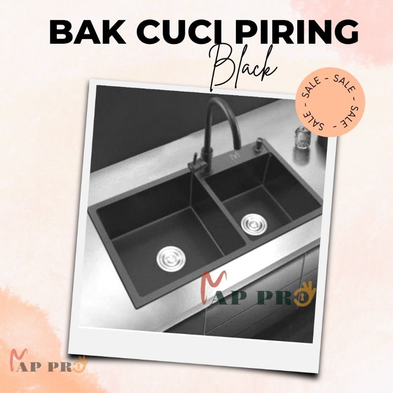 KITCHEN SINK BLACK FINISHED BAK CUCI PIRING HITAM DOFF TEBAL 2 LUBANG 3MM