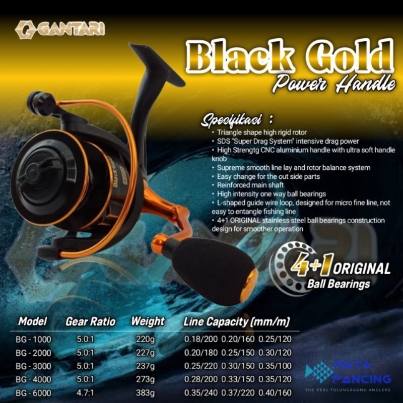 Reel gantari black gold power handle 1000 2000 3000 4000 6000 smooth rotation casting jigging spek screw in power handle