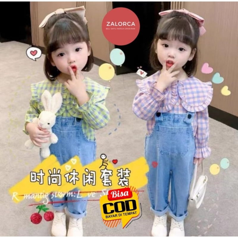 {1-5 Tahun} Jumpsuit Anak Perempuan 2in1 | Setelan Overall Anak Blouse kotak | Setelan Baju Overall 