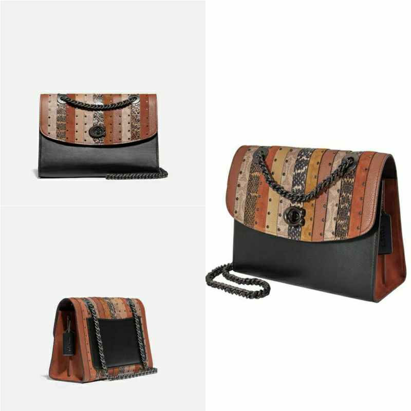 Coach Parker With Signature Canvas Patchwork Stripes Shoulder Bag Tan Black