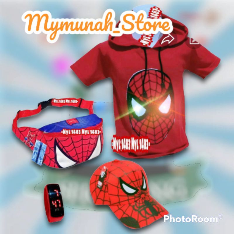 Baju anak led hoodie karakter spiderman gratis tas selempang jam topi bordir paket hemat  kaos murah