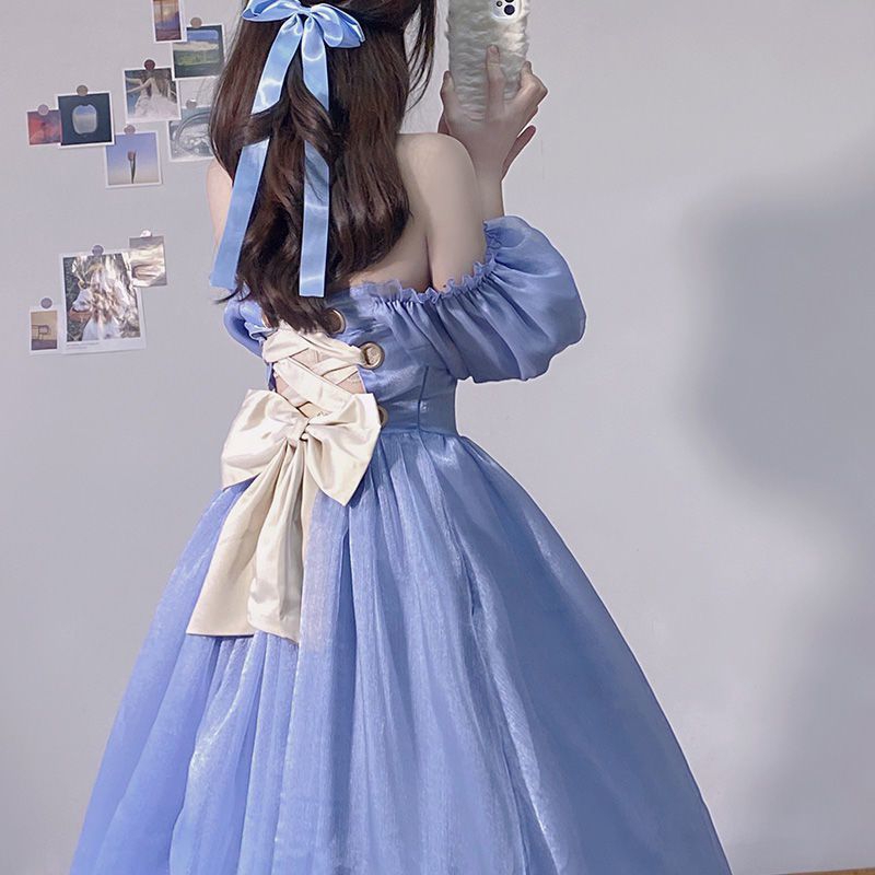 French princess blue dress. Off-the-shoulder bow dress. super fairy light luxury banquet dress