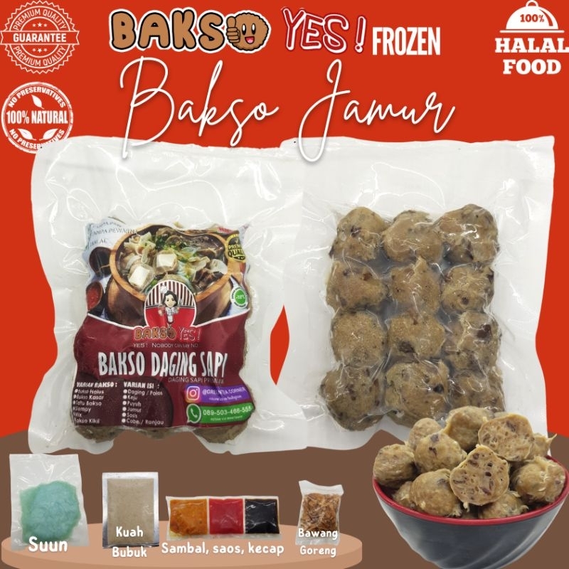 

[Bakso Yes!] BAKSO JAMUR Daging Sapi Premium Halal Kemasan Frozen Tanpa Pengawet FREE Kuah Bubuk Lengkap, Suun, Bawang Goreng, Sambal, Saos, Kecap