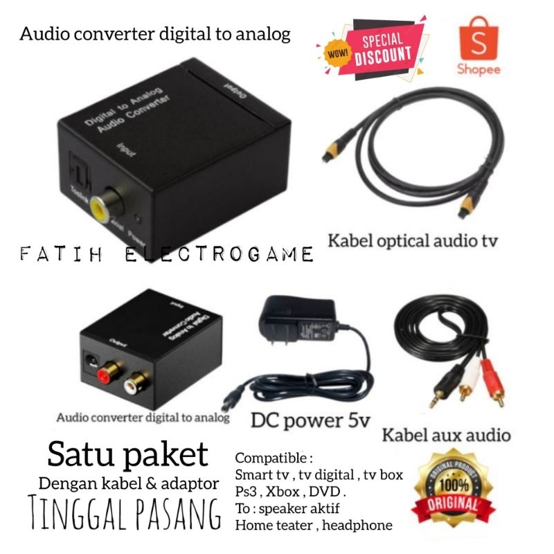 [ PAKET KOMPLIT ] Converter audio digital to analog / Audio converter Digital to analog  + Kabel optik audio tv + Kabel rca 2 in 1 / Optical Audio converter