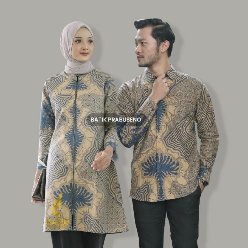Batik Prabuseno Motif WIBISANA Atasan Couple Hem Guru Batik Pria Wanita Lengan Panjang Slim fit Mode