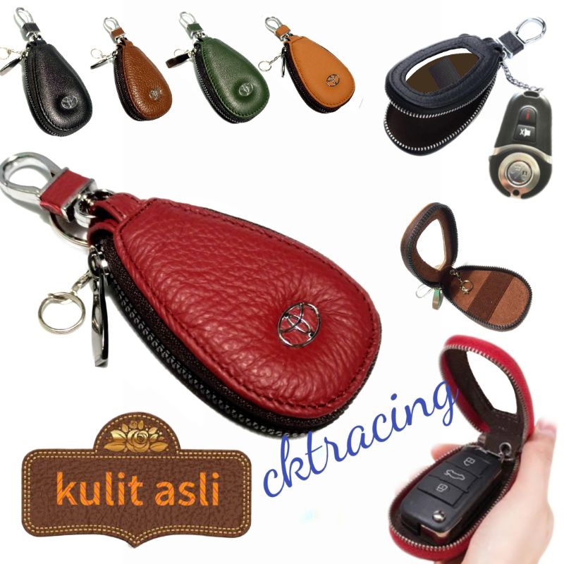 dompet kunci remote keyless mobil Toyota kulit asli model oval dompet STNK kulit