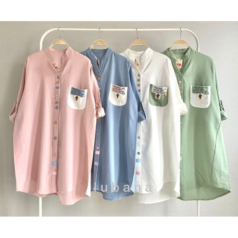 Tunik Kemeja Katun Linen IMPORT Kerah Shanghai Kantong Depan LuBaNa#6547