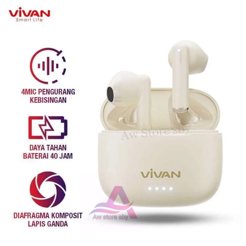 Original VIVAN-T2 Earphone Bluetooth TWS Airbuds BT 5.3 Headset Wireless Waterproof IPX4 In Ear Play time 40 Jam