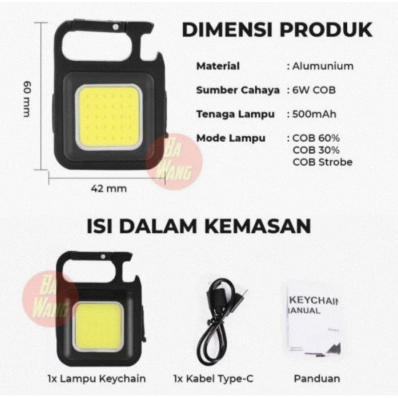 Lampu Mini COB USB Rechargeable/Lampu LED COB Karabiner Gantungan Kunci Untuk Camping