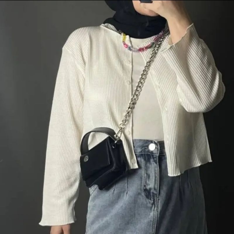 Crop Cardigan Waffle Uniqlo - outer crop atasan kancing 2in1 curly wanita korea