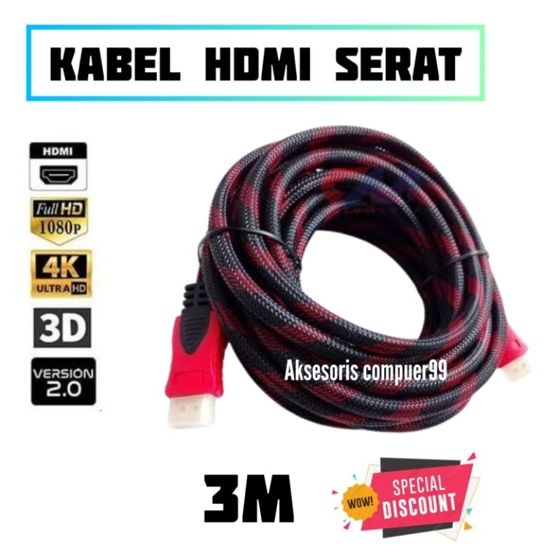 KABEL HDMI MALE TO MALE SERAT JARING VERSI 1.4 1080P FULL HD 3 METER