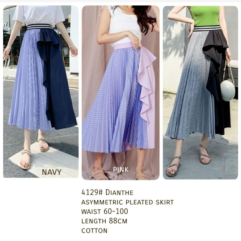 MDLV ~ 4129# Dianthe Asymmetric Pleated Skirt Rok Salur Import