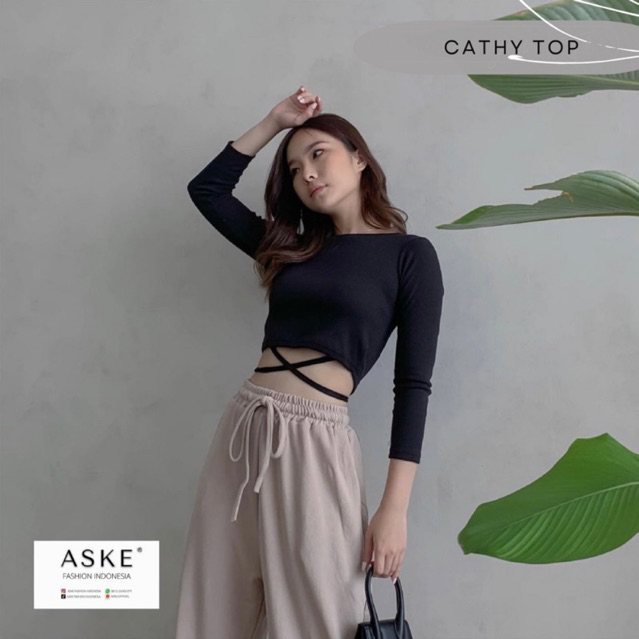 CATHY LONG SLEEVE CROP TOP SUMMER KOREA - CROP TOP STRETCHY PREMIUM - ATASAN TANGAN PANJANG SEXY WANITA TALI - CASUAL OUTFIT KOREA - HADIAH / KADO ULTAH CEWEK