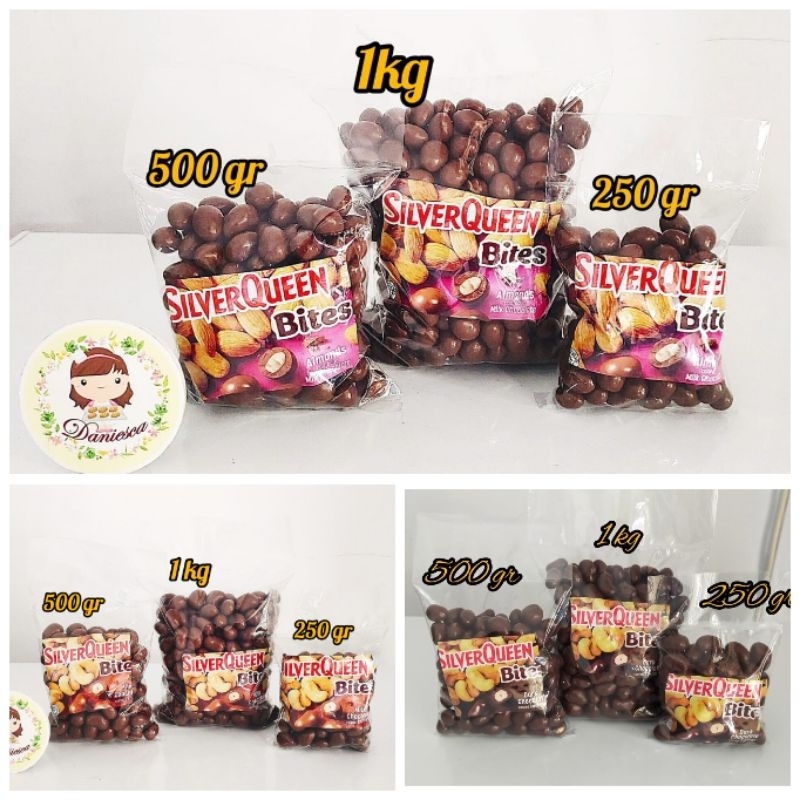 

.500gr Silverqueen bites almond cashew dark coklat butiran isi kacang mede ( ds bgr )