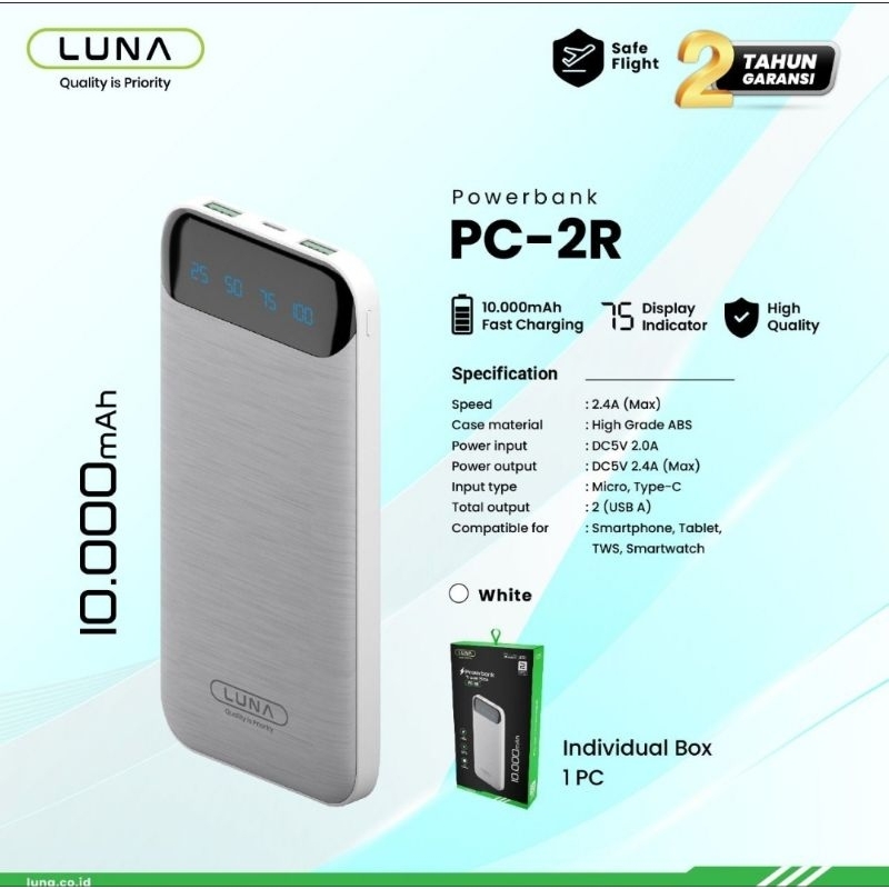 PC-2R Powerbank Luna 10000 mAh Fast Charging Dual Input Digital Display + FREE Cable Data POWER BANK