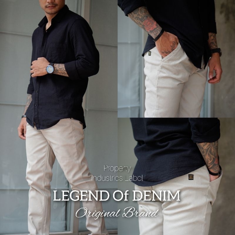 Legend Of Denim Celana Chino Panjang Stretch Krim pria celana chino warna Cream LOD seri CNS005