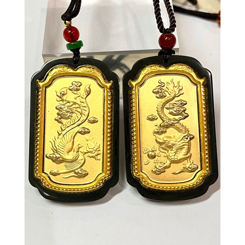 y4 Sepasang Liontin Giok Nephrite Naga Phoenix Emas 24k Bersertifikat