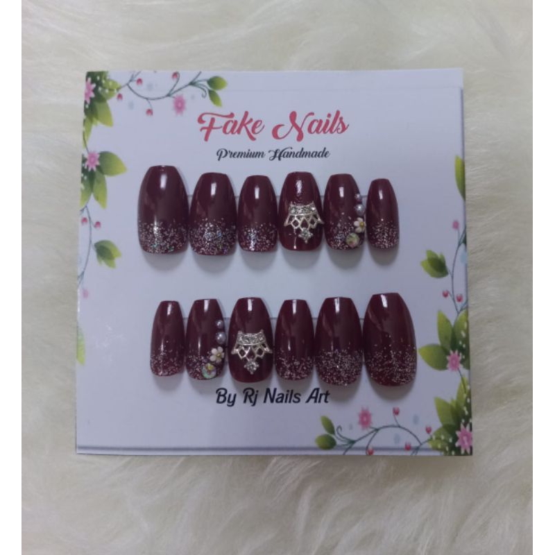 1 set kuku palsu/fake Nails maroon mewah dan elegan full kutek