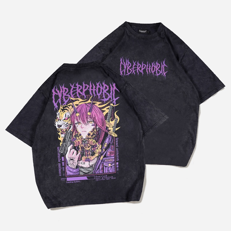 [N01139] T-Shirt Oversized Distro Wash Motif CYBERPHOBIC