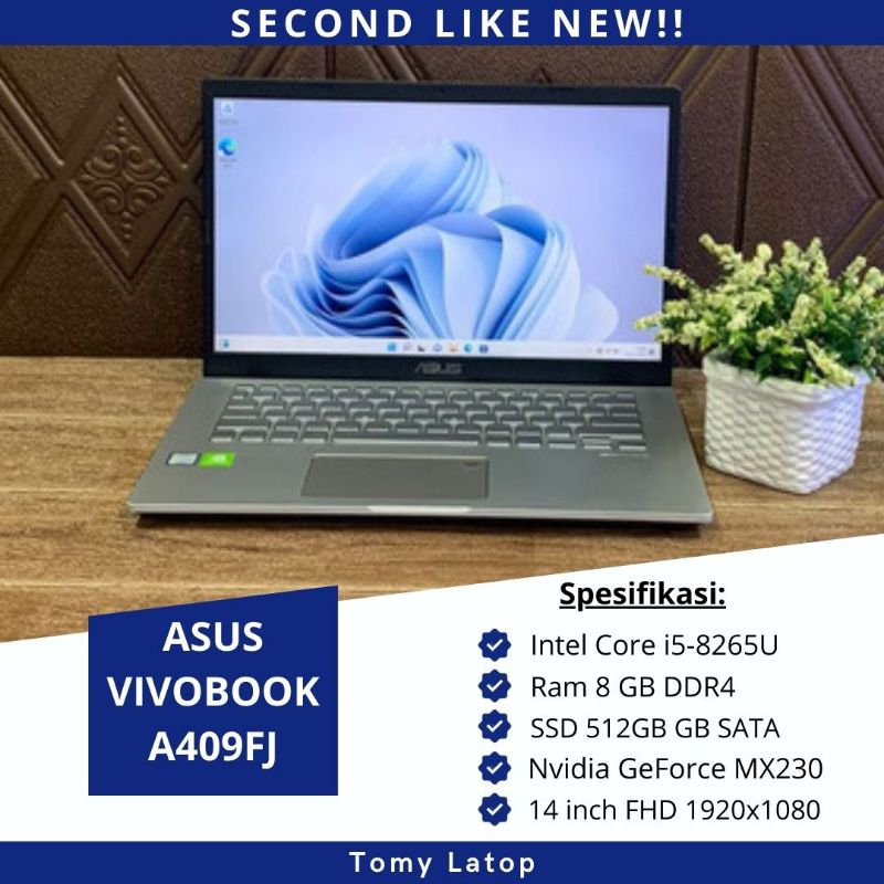 LAPTOP BEKAS SEPERTI BARU ASUS VIVOBOOK A409FJ/CORE I5/NVIDIA MX23/RAM 8GB/SSD 512GB