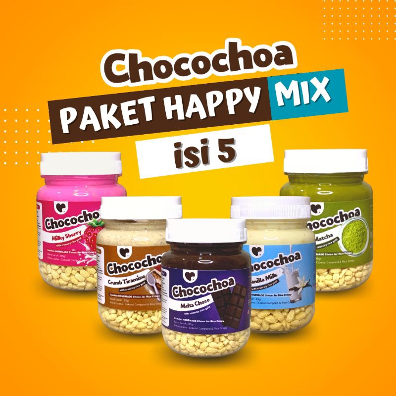 

Chocochoa - PAKET HAPPY MIX Isi 5 Choco Jar Rice Crispy Cemilan Manis Topping Cokelat Leleh Halal Homemade Termurah Terenak Snacktok Cookies