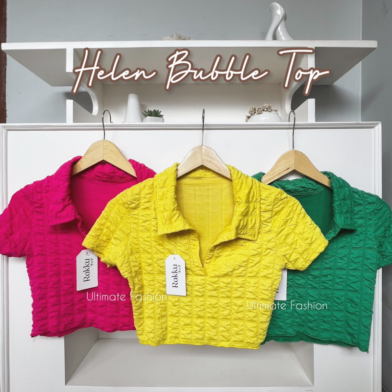 Helen Atasan Top Crop Kerah Knit Bubble Import Wanita Premium Kekinian Korea Rakku