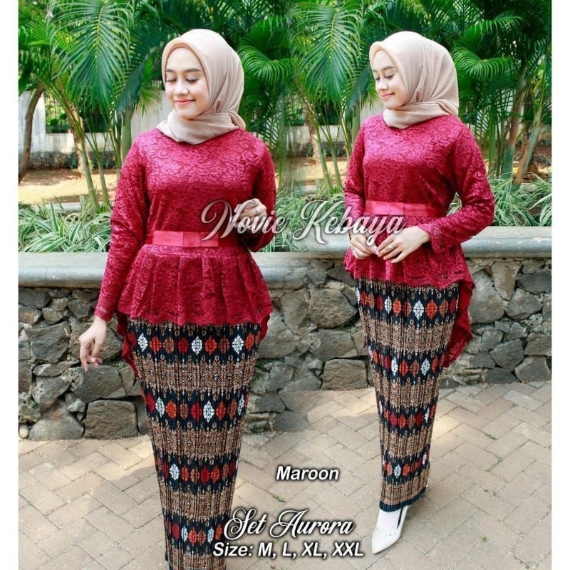 SETELAN KEBAYA AURORA BROKAT MIX ROK PLISKET BATIK DEWASA PANJANG UKURAN JUMBO BAJU KEBAYA WANITA MU