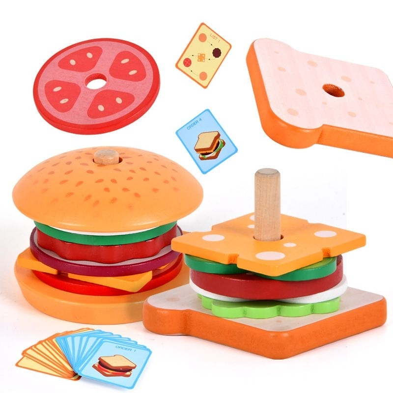 wooden stacking burger and sandwich / pretend play / sensory toys