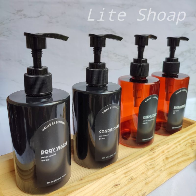 Botol Sabun Cair 250ml Hitam dan Amber Dioly TUTUP PUMP HITAM LABEL WATERPROOF