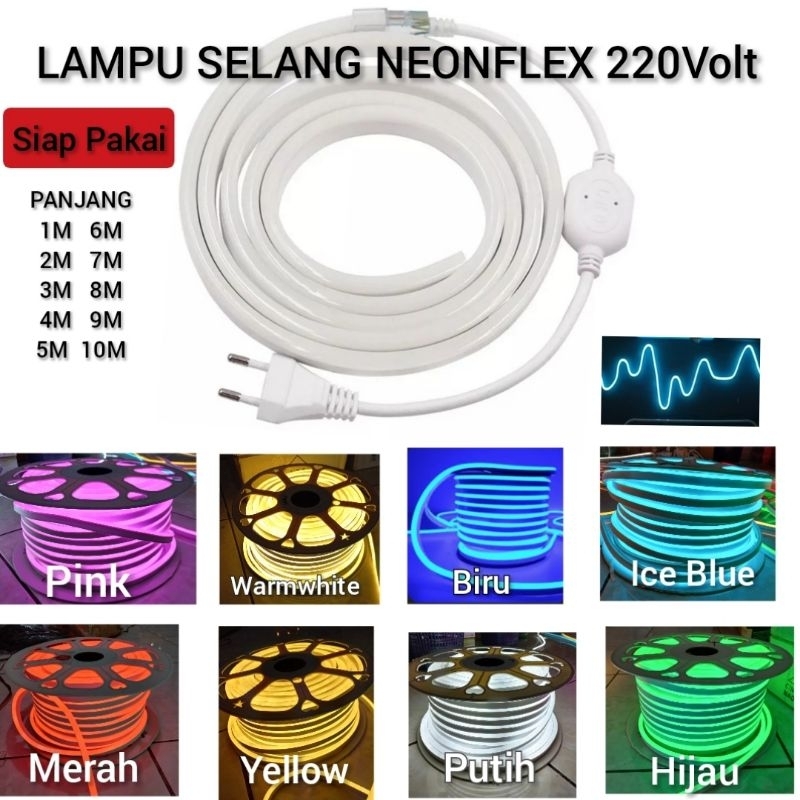 Paket Lampu LED Strip Neon Flex / Fleksibel AC 220V  Lengkap Tinggal Colok Langsung Nyala 1 / 2 / 3 / 4 / 5 meter