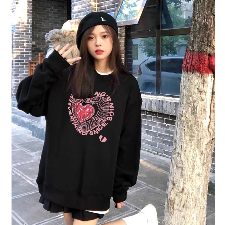 American Vintage LOVE Pattern printing Overszie Sweater baju Sweater wanita/sweater hitam