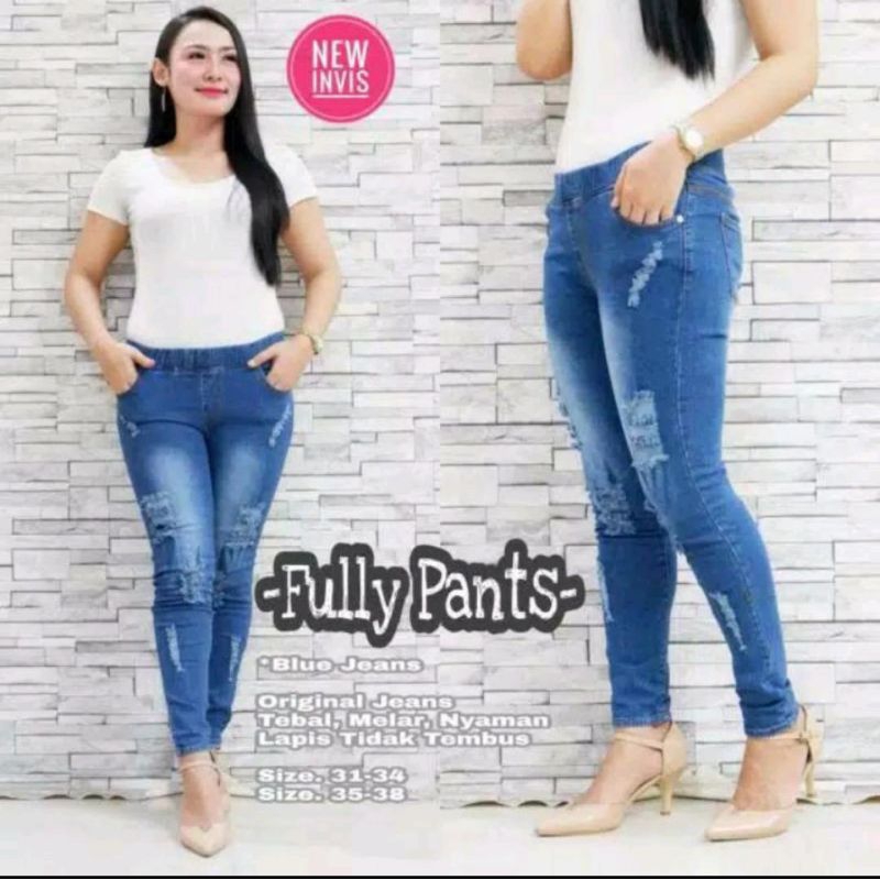 27-34 FULLY PANTS // CELANA CEWEK PINGGANG KARET // LEGGING JEANS // SOBEK TIDAK TEMBUS // VIRAL
