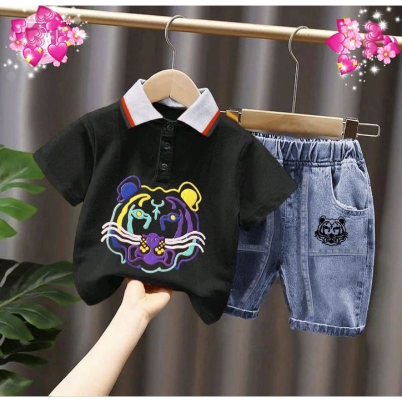 Promo setelan kaos krah celana jeans motif tiger usia 1-5 tahun baju anak pakaian anak setelan anak