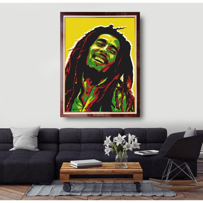 Lukisan wajah Bob Marley full colour wpap art + frame siap pajang
